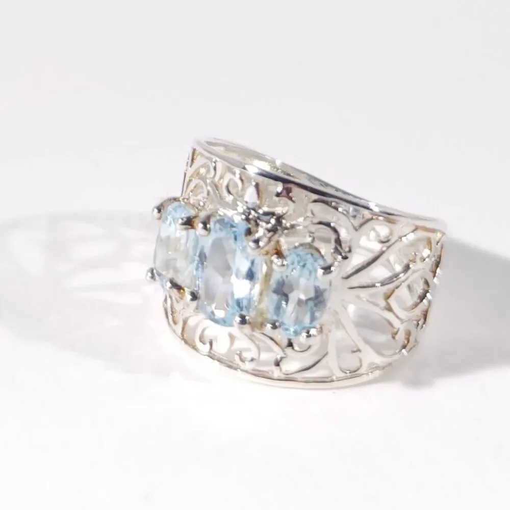 Sky Blue Topaz Filigree Ring Sterling Silver Size 5-3/4